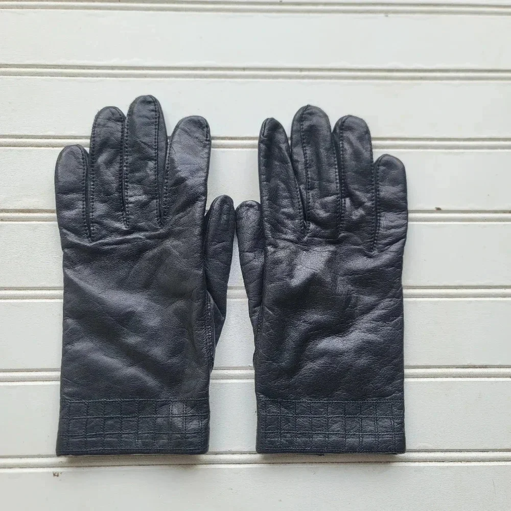 Vintage Fownes Women's Medium Length Genuine Black Leather Gloves Size 7.5H2
